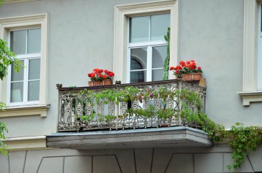 retro balkon kırmızı flovers ve yeşil bitkiler tarafından dekore edilmiştir