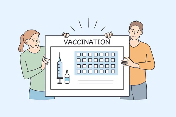 Calendario de vacunación y asistencia sanitaria durante el concepto de pandemia — Vector de stock
