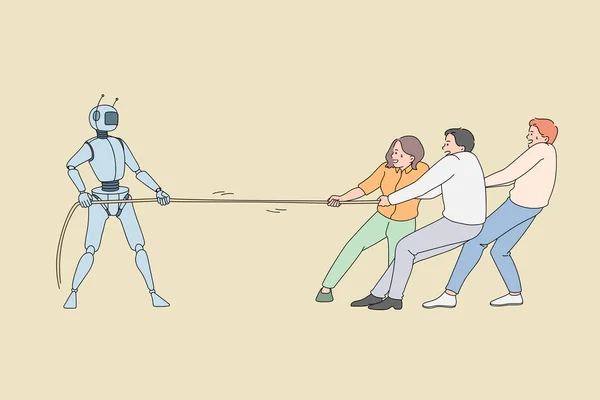 Travailleurs humains tirant la corde contre le travailleur robotique. — Image vectorielle