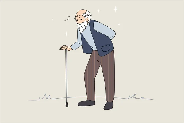 Handgetekende vectorillustratie van senior man met wandelstok. Ouderdom — Stockvector