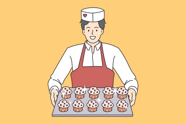 Bakverk bagare med muffins bricka. — Stock vektor