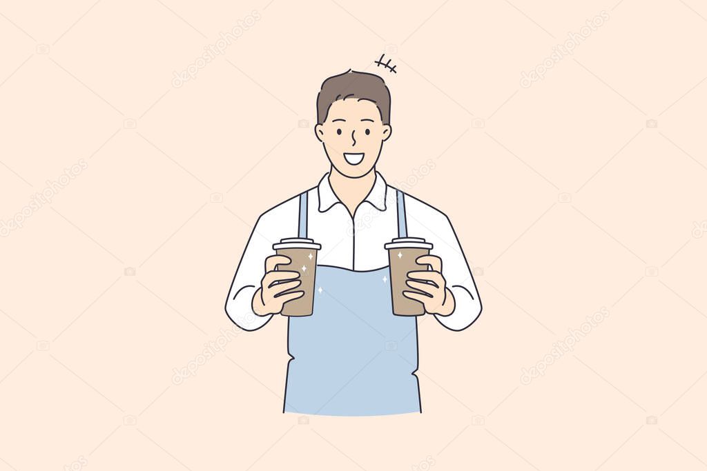 Working as barista in cafeteria concept. Young smiling man barista cartoon character wearing apron standing holding cups with coffee drink vector illustration