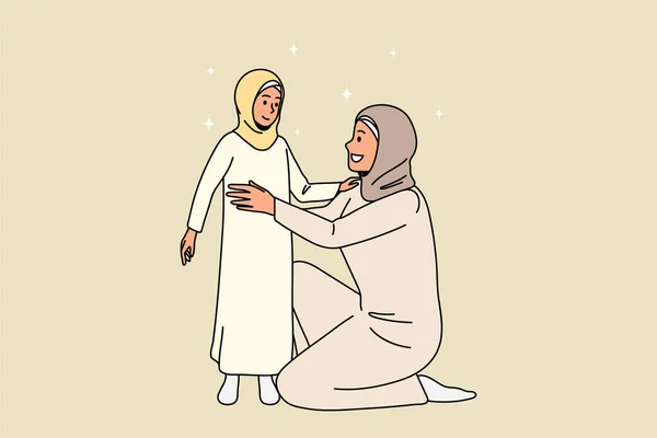 Vårdande muslimsk mor omfamna små islamiska barn — Stock vektor