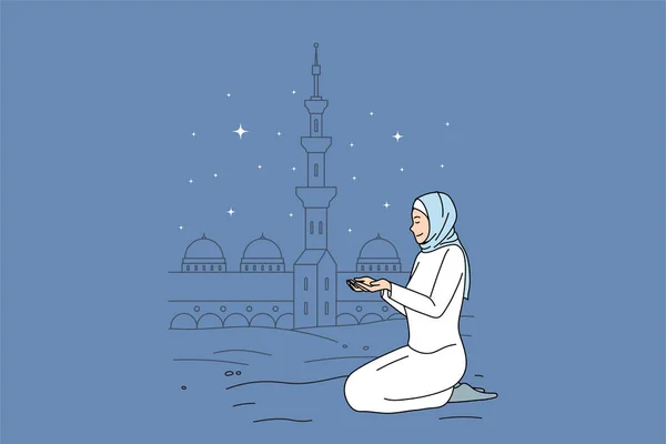 Muslim woman in traditional clothes pray near mosque — Stock Vector