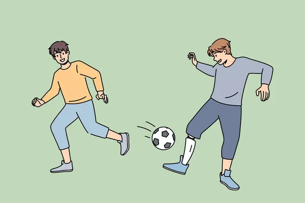 Uśmiechnięty chłopak z protezą gra w piłkę nożną z przyjacielem — Wektor stockowy