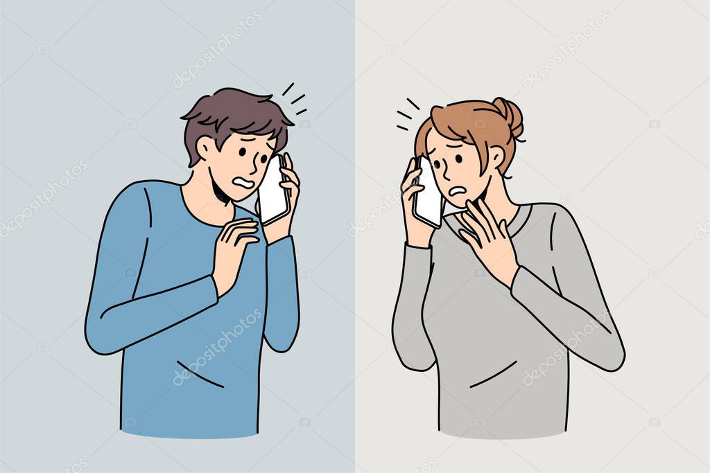 Scared man and woman feel afraid talking on phone 