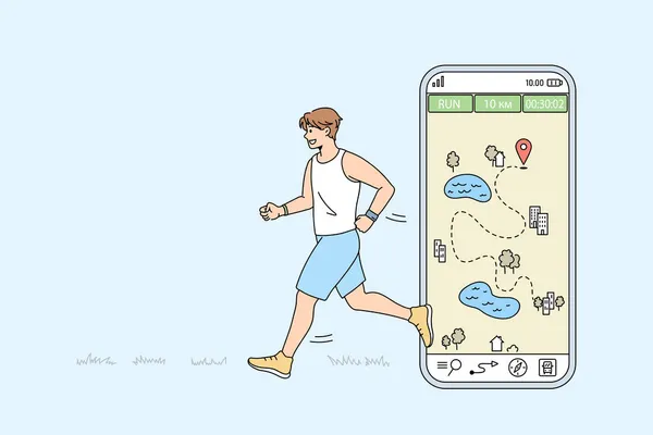 Gezonde man in sportkleding lopen met behulp van mobiele telefoon app — Stockvector