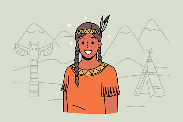 Χαμογελώντας ιθαγενή Αμερικανίδα Ινδή γυναίκα με παραδοσιακά ρούχα — Διανυσματικό Αρχείο