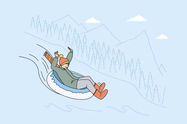 Hombre feliz divertirse paseo nevado colina en vacaciones — Vector de stock