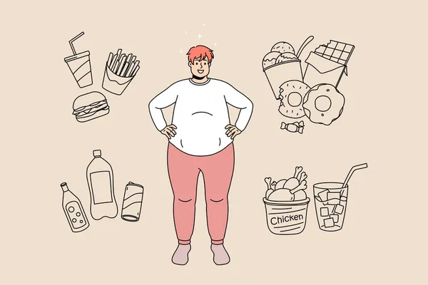 Glücklicher dicker Mann umgeben von Junk-Food-Produkten — Stockvektor