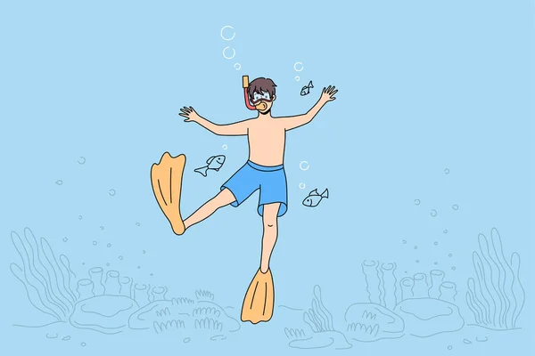Menino criança em roupa de banho mergulho snorkel em águas — Vetor de Stock