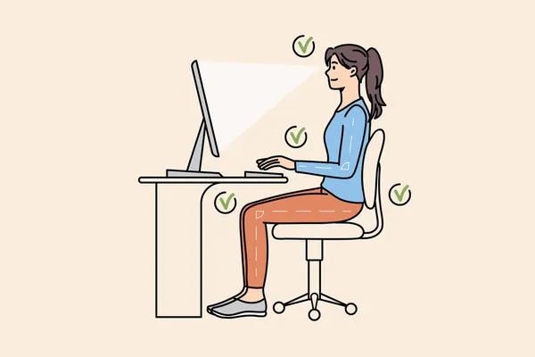 Travail de femme sur ordinateur à la table dans la position correcte — Image vectorielle