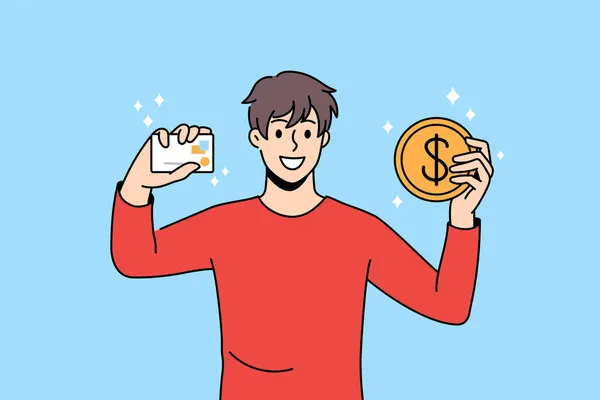 Χαμογελώντας άνθρωπος κατέχουν πιστωτική κάρτα και bitcoin — Διανυσματικό Αρχείο
