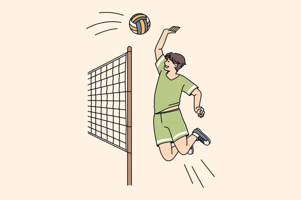 Sportlicher Mann spielt Volleyball-Wurfball über Netz — Stockvektor