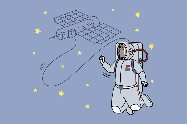 Astronaut in kostuum met kunstmatige satelliet in de ruimte — Stockvector