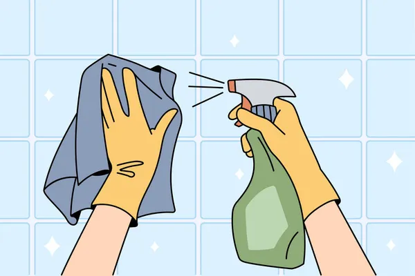 Haushälterin mit Handschuhen säubert Oberfläche mit Spray — Stockvektor