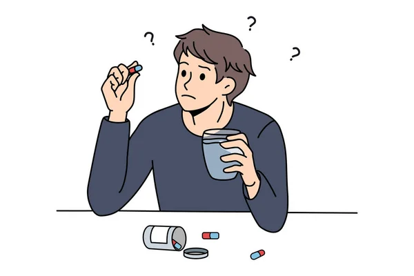 Uomo confuso pensare di prendere pillole — Vettoriale Stock