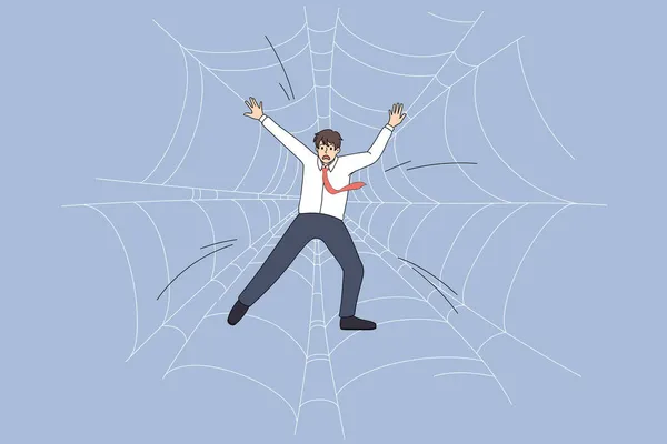Ανήσυχος επιχειρηματίας παγιδευμένος στον ιστό της αράχνης — Διανυσματικό Αρχείο