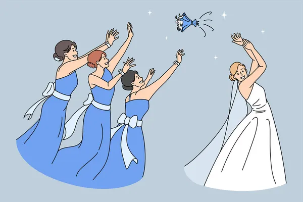 Mariée souriante lancer bouquet de mariage aux demoiselles d'honneur — Image vectorielle