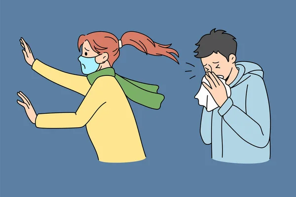 Anxious woman in facemask scared of sick man Stock Vector