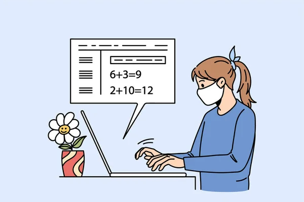 Больная девочка в маске для лица учится онлайн на компьютере — стоковый вектор
