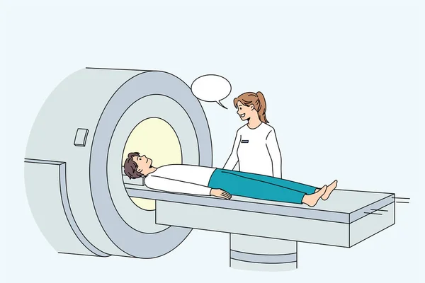 Man undergo tomography screening in modern hospital — Stock Vector