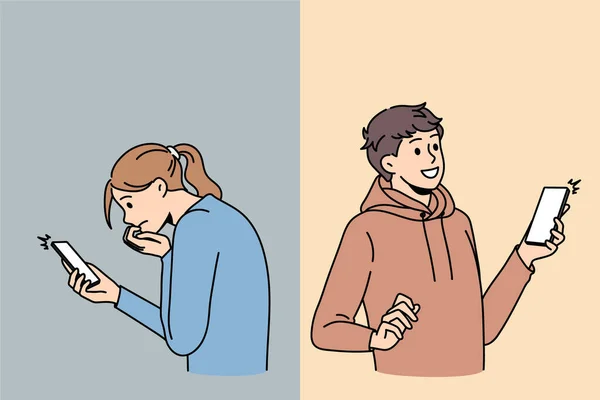 Las personas que usan teléfonos celulares sienten diferentes emociones — Vector de stock