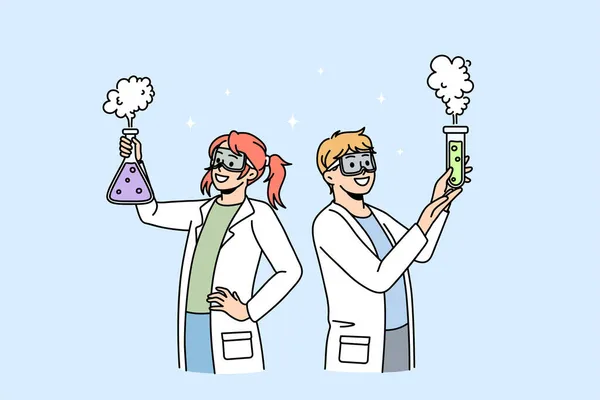 Niños felices hacen experimentos científicos en el laboratorio escolar — Vector de stock