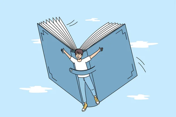 Niño feliz volar en el libro descubrir nuevos horizontes — Vector de stock