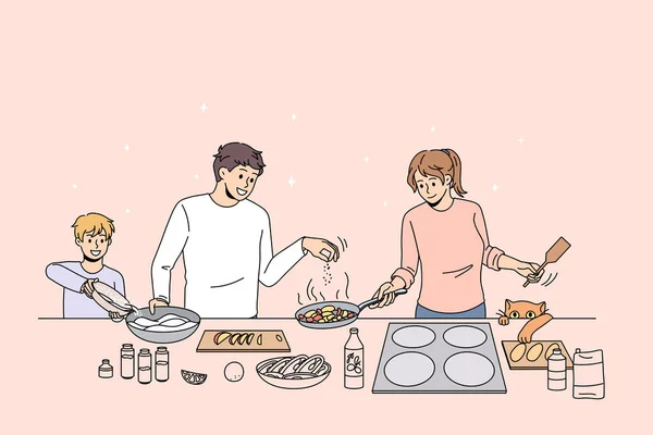 Boldog család gyerek főzés élelmiszer a konyhában együtt — Stock Vector