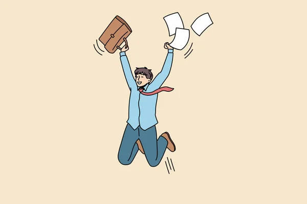 Excited guy jump overjoyed with good paper news — Stock Vector