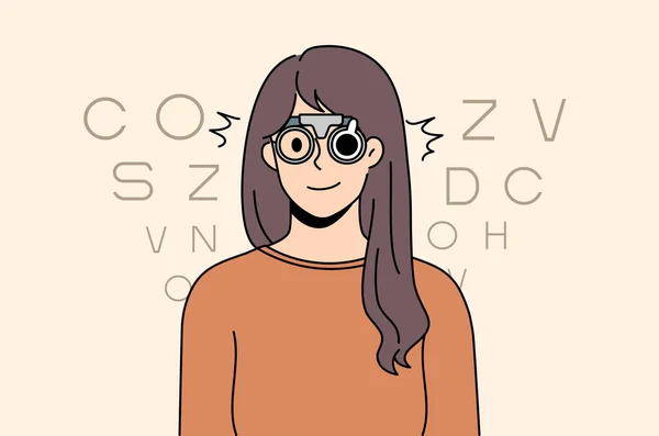 Mujer en gafas ópticas comprobar la vista en la clínica — Vector de stock