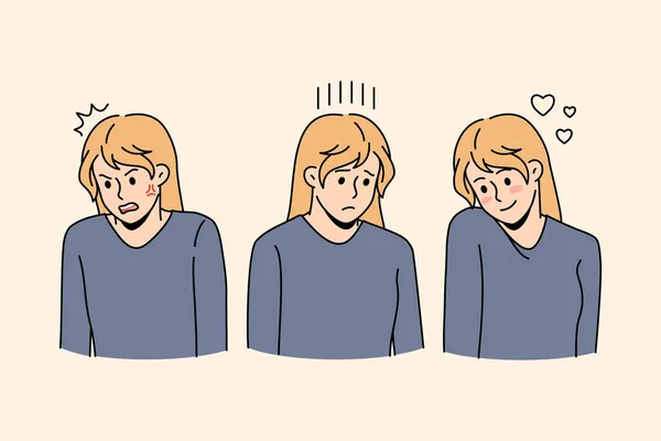 Giovane donna mostrano diverse emozioni facciali — Vettoriale Stock