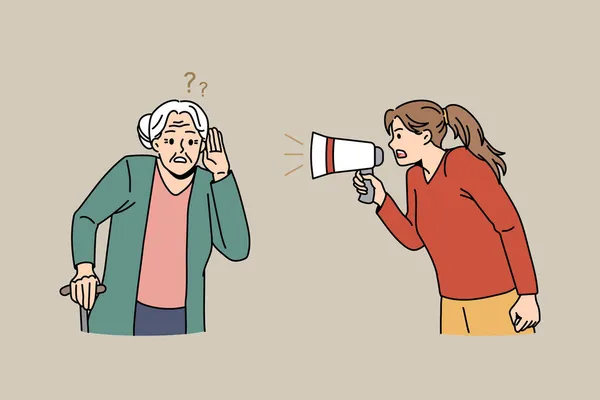 Chica gritar en altavoz a la abuela sorda edad — Vector de stock