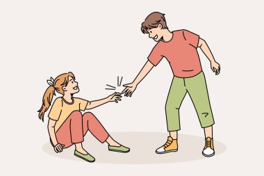 Caring boy help friend rise up after falling clipart