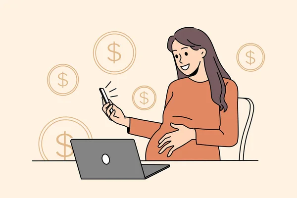 Zwangere vrouw werknemer werken online op laptop — Stockvector