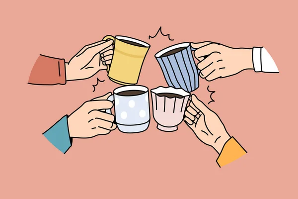 Друзья веселятся с кружками пьют кофе вместе — стоковый вектор