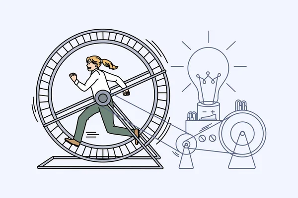Mujer motivada correr en rueda generar ideas creativas — Vector de stock