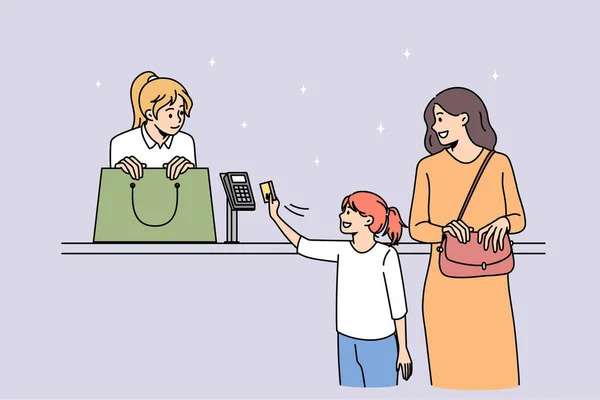 Familien einkaufen und mit Karte bezahlen — Stockvektor