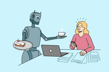 Gelecekteki teknolojiler ve yapay zeka kavramı. Gülümseyen kız çalışıyor, robot robottan kahve ve kek alıyor ve vektör çizimi ile iletişim kuruyor. 
