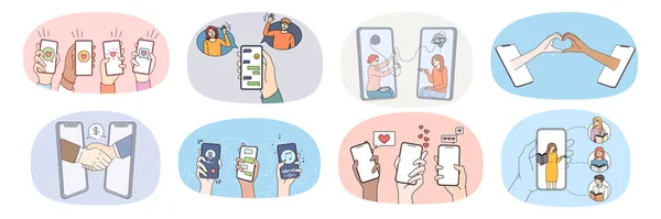 Collecte de personnes communiquent en ligne sur les téléphones cellulaires — Image vectorielle