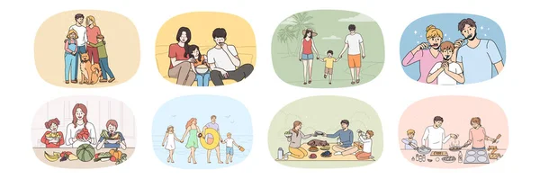 Colección de padres felices con niños disfrutan del tiempo juntos — Vector de stock