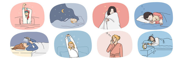 Набор усталой женщины расслабиться сон в постели 