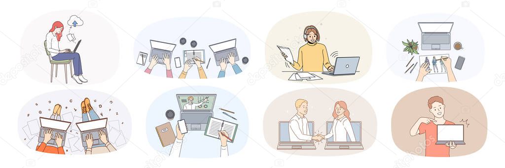 Bundle of diverse people working online on computer 