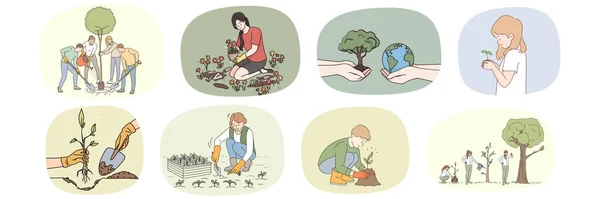 Conjunto de personas cultivando plantas aficionadas a la jardinería — Archivo Imágenes Vectoriales