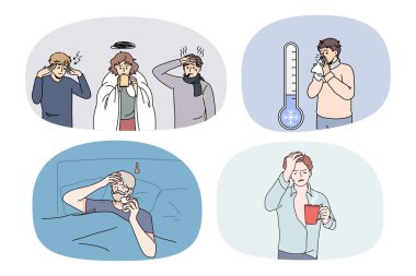 Set of sick people suffer from fever or flu clipart
