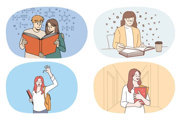 Набір щасливих людей з книжками, які навчаються — стоковий вектор