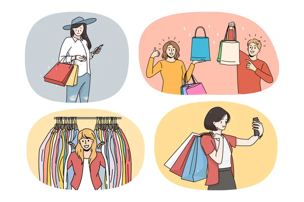 Alışveriş merkezinden alışveriş yapan bir grup mutlu kadın. — Stok Vektör