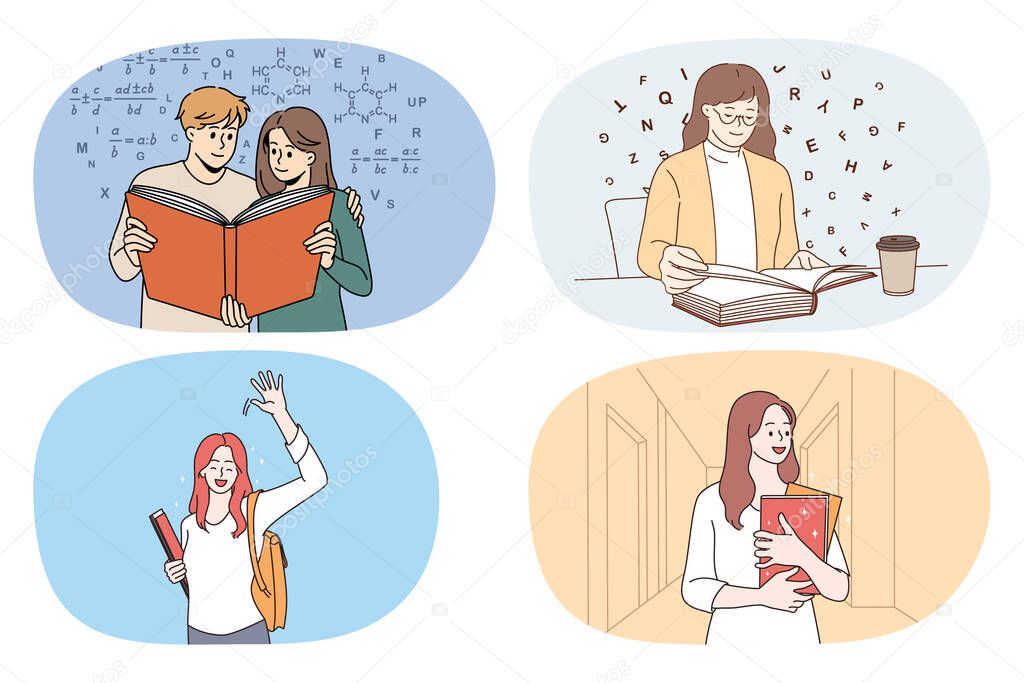 Set of happy people with books studying 