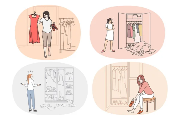Conjunto de mujeres infelices mirar armario pensar en la ropa — Vector de stock